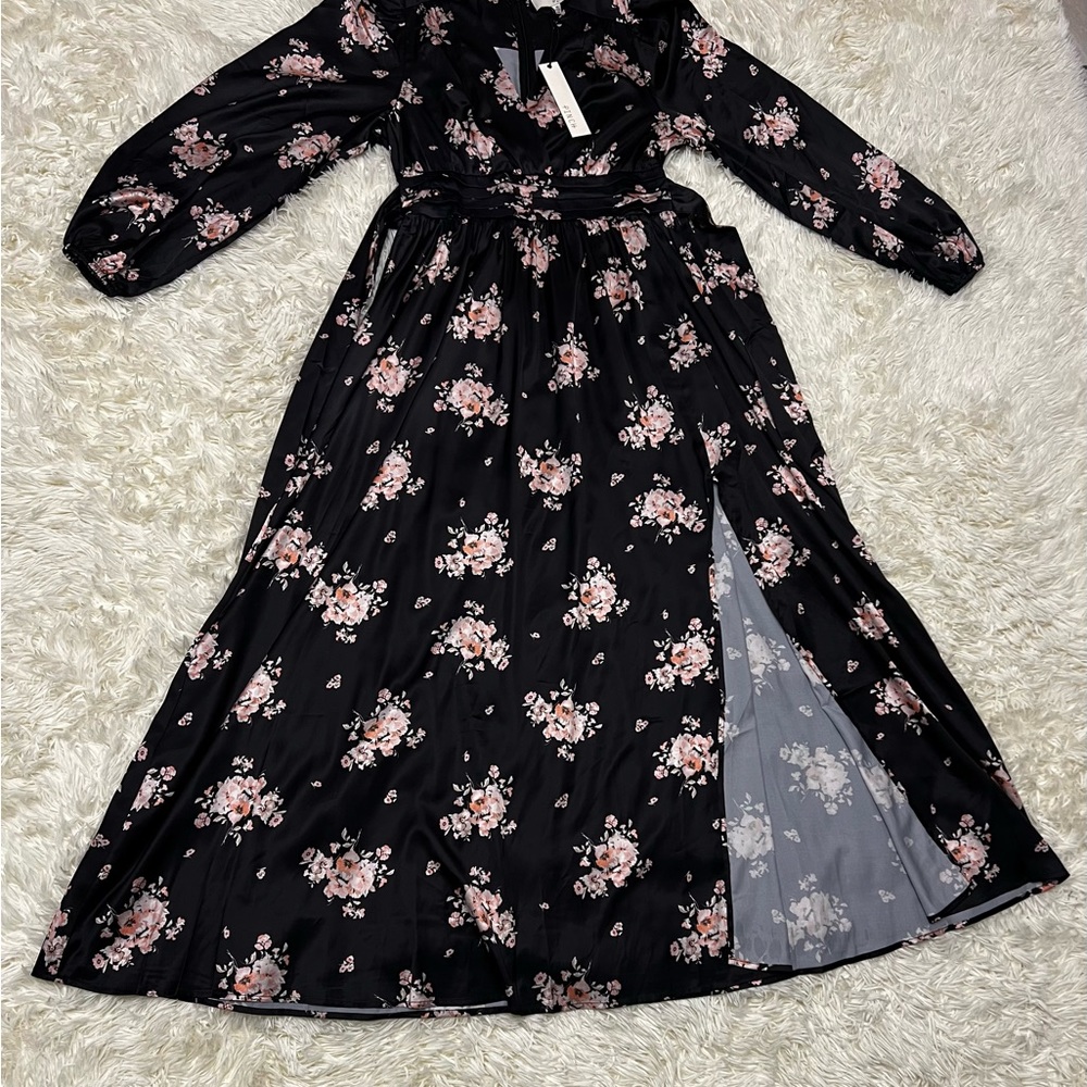 Pinch Women’s Black Satin Smoked Maxi Slit Floral Long Sleeve V Neck Dress Med - Picture 4 of 15